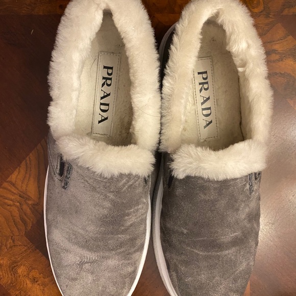 PRADA suede shearling slip on sneakers - Picture 2 of 11
